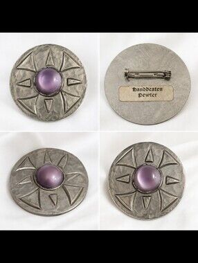 Western Tribal Handbeaten Pewter Brooch Pin with Purple Cabochon Stone |